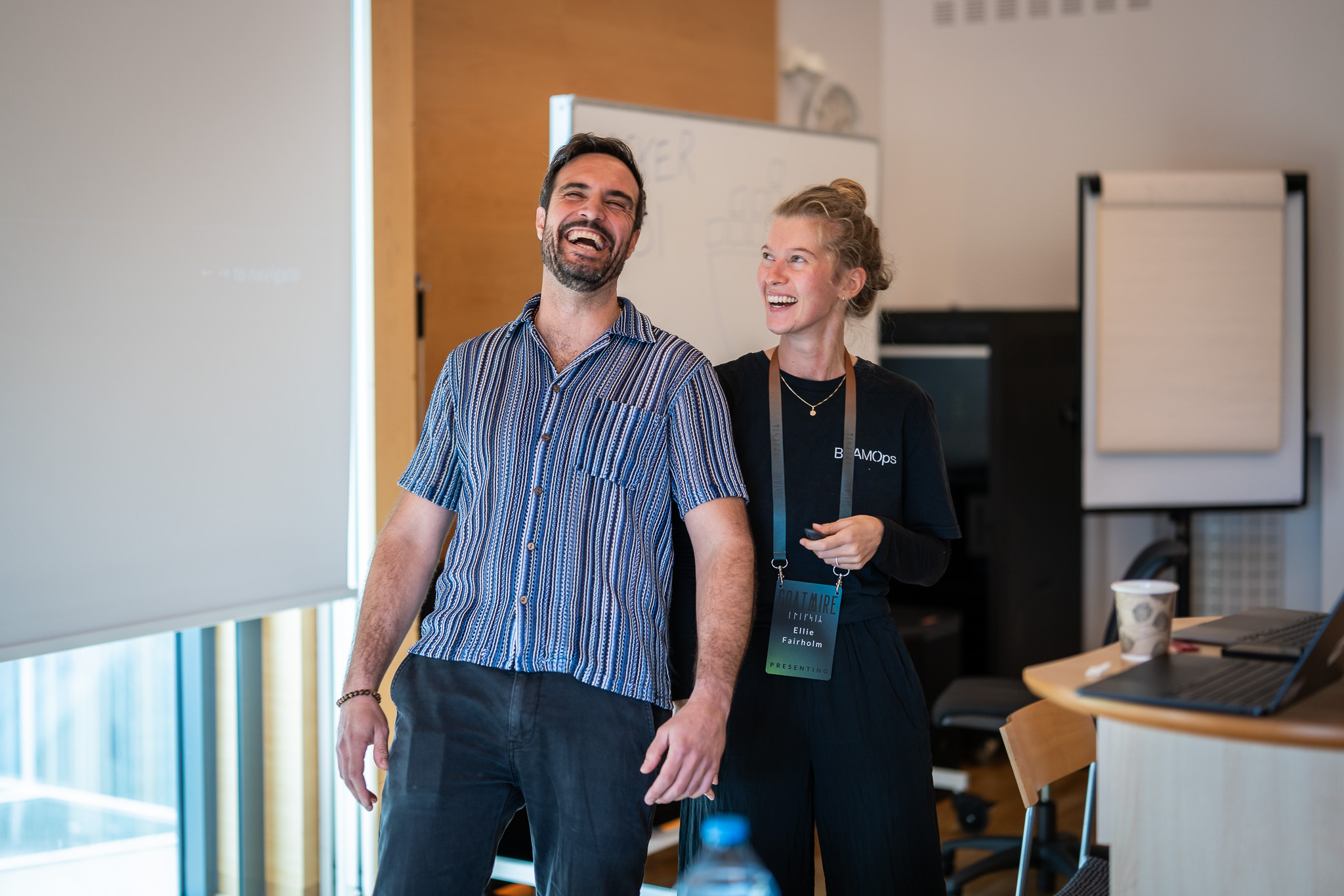 Ellie and Josep smiling while presenting workshops at Goatmir 2026